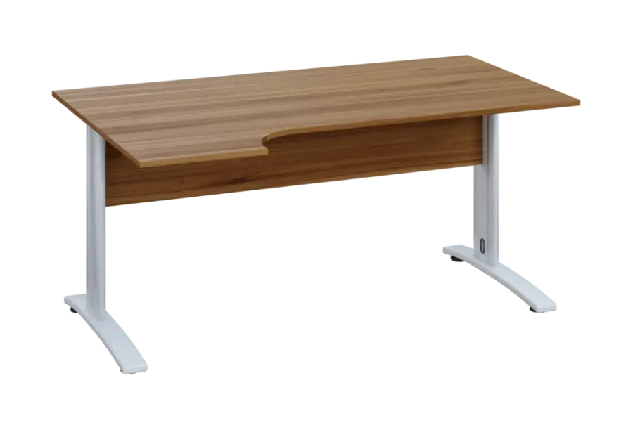 ERK 28 - 164 stůl kancelářský, rohový, levý, kovová podnož bílá, deska 25 mm, široký 1600 mm, ořech světlý